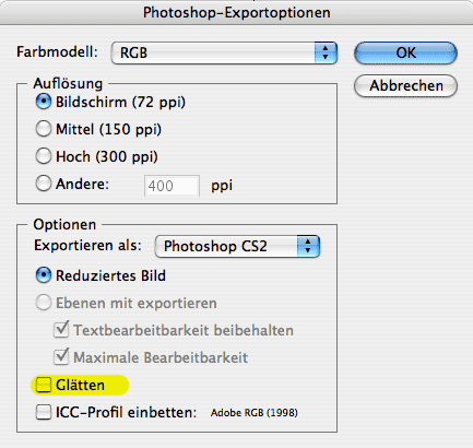 Photoshop Exportoptionen